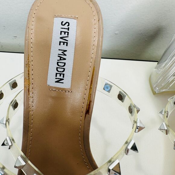 Steve Madden Nude Lucite Tangent Cone Heel Clear Silver Studded Strappy Sandal 9 - Picture 4 of 16